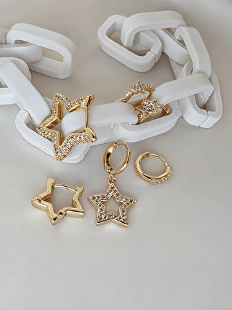 6'lı Yıldız Figürlü Zirkon Taşlı Gold Renk Küpe Seti
