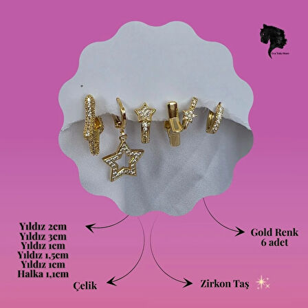 6'lı Yıldız Figürlü Zirkon Taşlı Gold Renk Küpe Seti