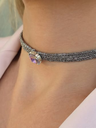 Kordon Zincir Örme Kristal Taşlı El Yapımı Choker Tasma Lila Silver Renk Kolye
