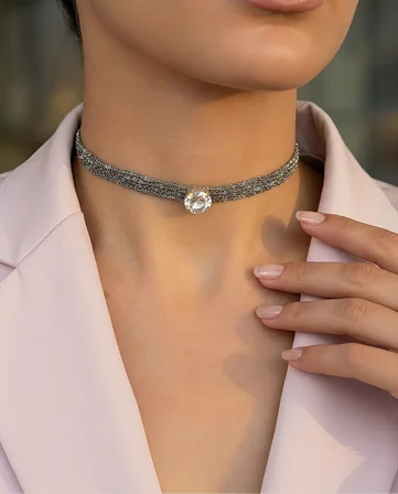 Kordon Zincir Örme Kristal Taşlı El Yapımı Choker Tasma Şeffaf Silver Renk Kolye