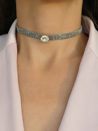 Kordon Zincir Örme Kristal Taşlı El Yapımı Choker Tasma Şeffaf Silver Renk Kolye