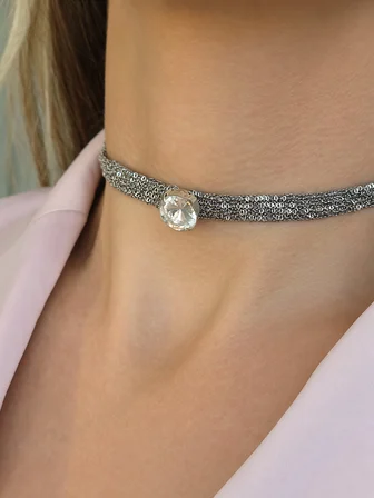 Kordon Zincir Örme Kristal Taşlı El Yapımı Choker Tasma Şeffaf Silver Renk Kolye