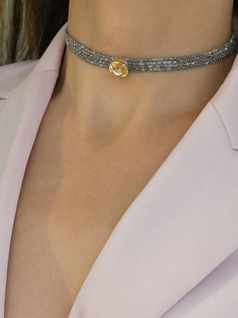 Kordon Zincir Örme Kristal Taşlı El Yapımı Choker Tasma Sarı Silver Renk Kolye