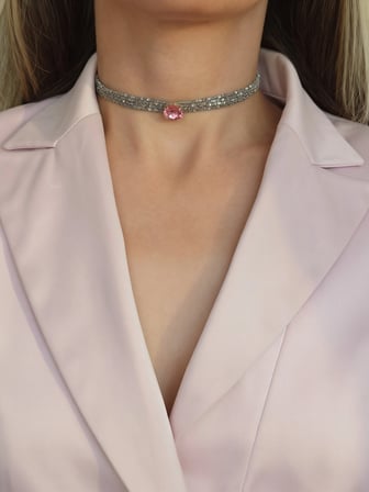 Kordon Zincir Örme Kristal Taşlı El Yapımı Choker Tasma Pembe Silver Renk Kolye