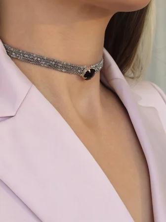 Kordon Zincir Örme Kristal Taşlı El Yapımı Choker Tasma Siyah Silver Renk Kolye