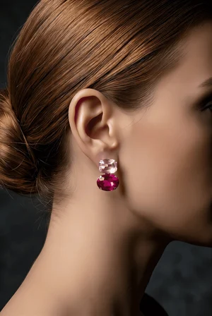 Oval Kare Vintage Model Kristal Taşlı Fuşya Renkli Küpe