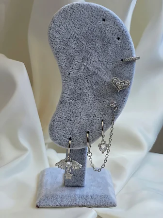 6'lı Anka Kuşu -Kalp Sallantılı Zincir Model Zirkon Taşlı Çelik Küpe Seti