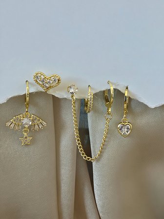 6'lı Anka Kuşu -Kalp Sallantılı Zincir Model Zirkon Taşlı Çelik Gold Renk Küpe Seti