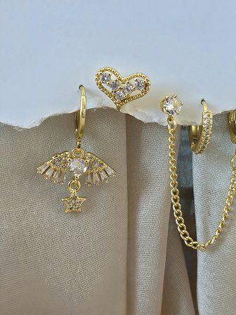 6'lı Anka Kuşu -Kalp Sallantılı Zincir Model Zirkon Taşlı Çelik Gold Renk Küpe Seti