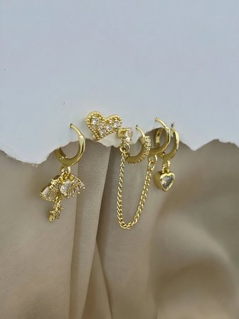 6'lı Anka Kuşu -Kalp Sallantılı Zincir Model Zirkon Taşlı Çelik Gold Renk Küpe Seti