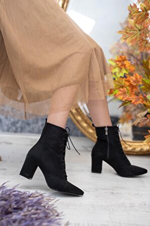 Eliz Siyah Süet Sivri Burun Bağcıklı Günlük Kadın Bot