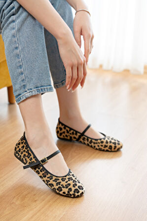 Armi Leopar Taşlı Baretli ( 1 cm Topuklu ) Yuvarlık Burun Babet