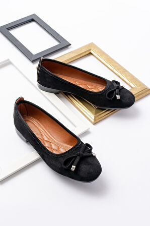 Potin Siyah Süet Fiyonklu ( 2 cm) Oval Burunlu Günlük Kullanım Babet