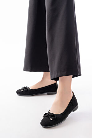 Potin Siyah Süet Fiyonklu ( 2 cm) Oval Burunlu Günlük Kullanım Babet