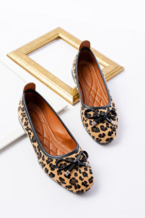 Potin Leopar Fiyonklu ( 2 cm) Oval Burunlu Günlük Kullanım Babet