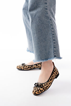 Potin Leopar Fiyonklu ( 2 cm) Oval Burunlu Günlük Kullanım Babet