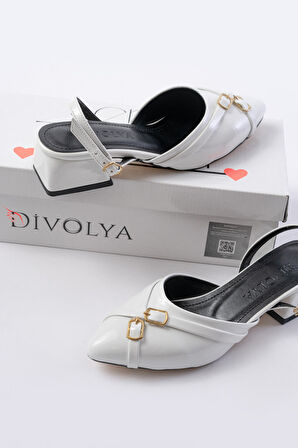 Gabriel Beyaz Rugan Çapraz Tokalı (4 cm Topuklu) Sivri Burun Babet Ayakkabı