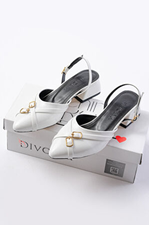 Gabriel Beyaz Rugan Çapraz Tokalı (4 cm Topuklu) Sivri Burun Babet Ayakkabı