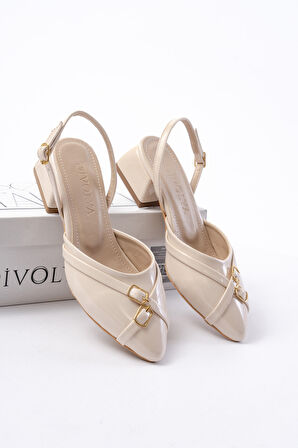 Gabriel Bej Rugan Çapraz Tokalı (4 cm Topuklu) Sivri Burun Babet Ayakkabı