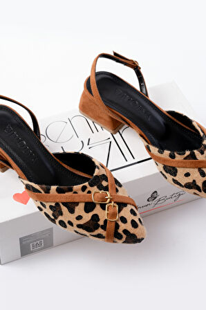 Gabriel Leopar Taba Çapraz Tokalı (4 cm Topuklu) Sivri Burun Babet Ayakkabı