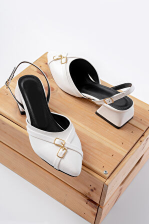 Gabriel Beyaz Çapraz Tokalı (4 cm Topuklu) Sivri Burun Babet Ayakkabı