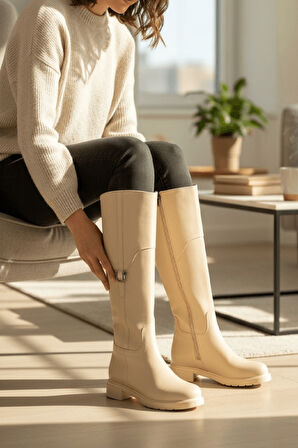 Hulbery Bej Deri ( 3,5 Cm Topuk Boyu) Yanı Tokalı Günlük Kadın Çizme