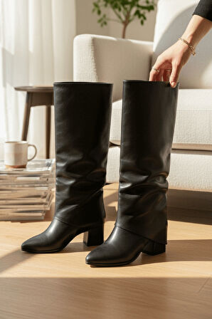 Lash Siyah Mat Tak-Çıkar Konçlu  (5 cm Topuk Boyu ) Günlük Kullanım Bot Ve Çizme