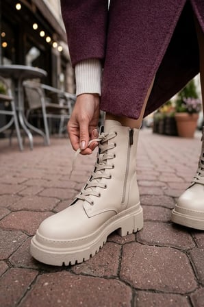 Catty Bej Deri ( 5 cm Taban) Fermuarlı Bağcıklı Kalın Tabanlı Kadın Günlük Postal Bot