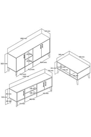 Exxen (ahşap Ayaklı) Tv Ünitesi - Orta Sehpa - Konsol Seti Hat Rengi Set 1582-2072-1622