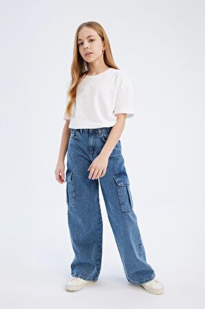 DeFacto Kız Çocuk Wide Leg Kargo Geniş Bol Paça Pamuklu Jean Pantolon D7091A825SMNM28