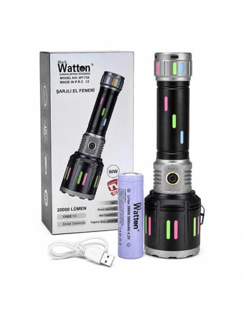 Watton WT-728 80W Işık Gücü 20.000 Lümen Şarjlı Göstergeli El Feneri