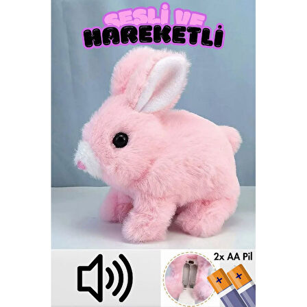 Peluş Kulakları ve Ayakları Hareket Eden Sesli Oyuncak Hareketli Tavşan Pembe