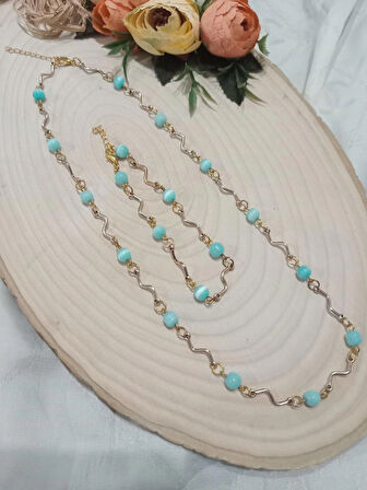 KEDİGÖZÜ MAVİ KOLYE VE BİLEKLİK TAKIMI