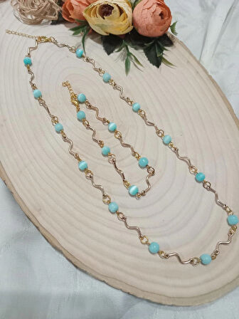 KEDİGÖZÜ MAVİ KOLYE VE BİLEKLİK TAKIMI