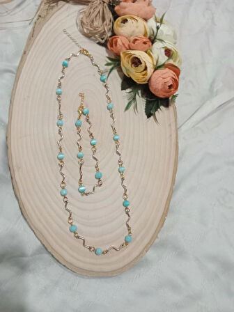 KEDİGÖZÜ MAVİ KOLYE VE BİLEKLİK TAKIMI