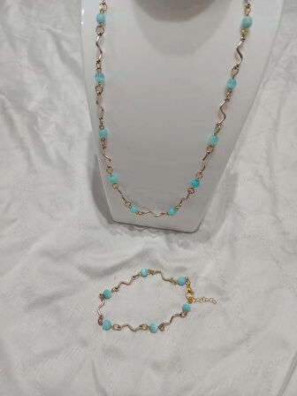 KEDİGÖZÜ MAVİ KOLYE VE BİLEKLİK TAKIMI