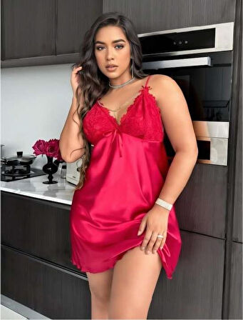 AmoraSecret AmoraSecret Büyük Beden Kırmızı Dantel İşlemeli Saten Gecelik