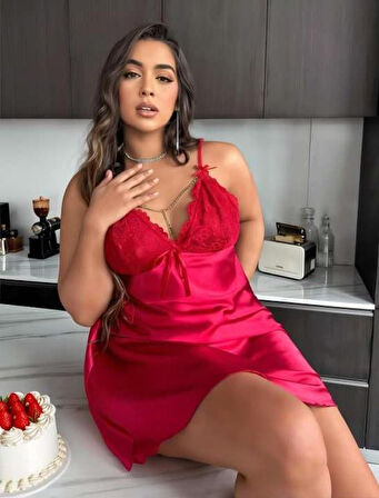 AmoraSecret AmoraSecret Büyük Beden Kırmızı Dantel İşlemeli Saten Gecelik