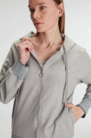 AmoraSecret AmoraSecret Pamuklu Uzun Kol Fermuarlı Swearshirt Sıfır Kol T-Shirt ve Pantolon Pijama Takım