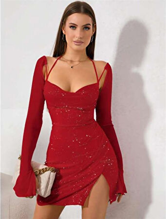 AmoraSecret AmoraSecret Kırmızı Yırtmaç Detay Simli Fantezi Mini Club Elbisesi