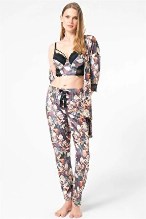AmoraSecret AmoraSecret Kadife Çiçek Desenli Sabahlık Balenli Destekli Dolgulu Yaka Detaylı Dantelli Büstiyer Sütyen ve Pantolon Pijama 3'lü Takım