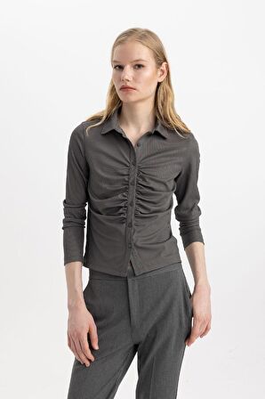 DeFacto Slim Fit Dar Kesim Polo Yaka Basic Düz Fitilli Kaşkorse Uzun Kollu Tişört C1326AX24SPGR452