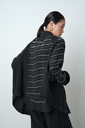 Kadın Arkası Ve Kolları Yatay Taş İşlemeli Oversize Kesim Kimono