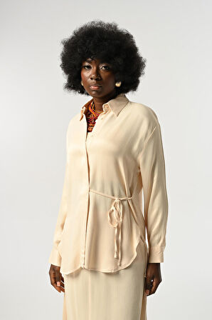 KADIN BELDEN BAĞLAMA DETAYLI DÜZ RENK GÖMLEK