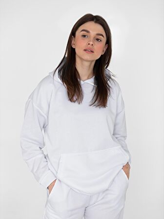 Düz Renk Tasarım 3 İplik Kalın Beyaz Sweatshirt Hoodie 