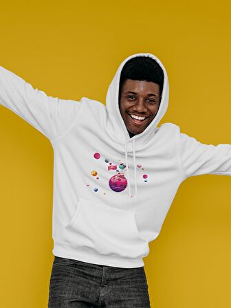 Galaxi Uzay Baskılı Tasarım 3 İplik Kalın Beyaz Sweatshirt Hoodie 