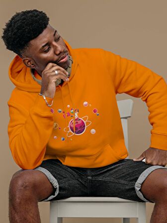 Galaxi Uzay Baskılı Tasarım 3 İplik Kalın Sarı Sweatshirt Hoodie 