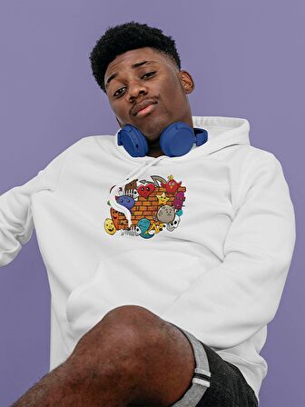 Grafiti Baskılı Tasarım 3 İplik Kalın Beyaz  Sweatshirt Hoodie 
