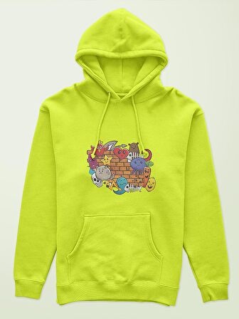 Grafiti Baskılı Tasarım 3 İplik Kalın Neon Sarı  Sweatshirt Hoodie 