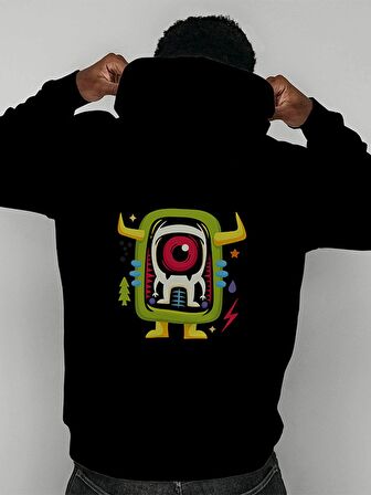 Monster Canavar Baskılı Tasarım 3 İplik Kalın Siyah Sweatshirt Hoodie 